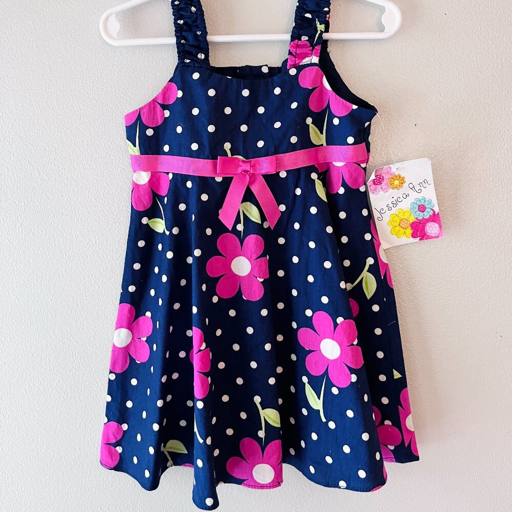 NWT Jessica Ann Dress Baby Toddler 24m Floral Blue Polka Dot Sleeveless